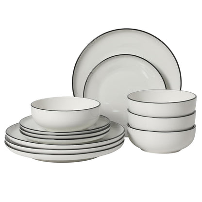 Gibson Home Havenstone - Juego de vajilla de porcelana de 12 piezas, platos de cena, platos de ensalada y cuencos, clásico blanco con borde negro, apto para el hogar, cocina, microondas y lavaplatos