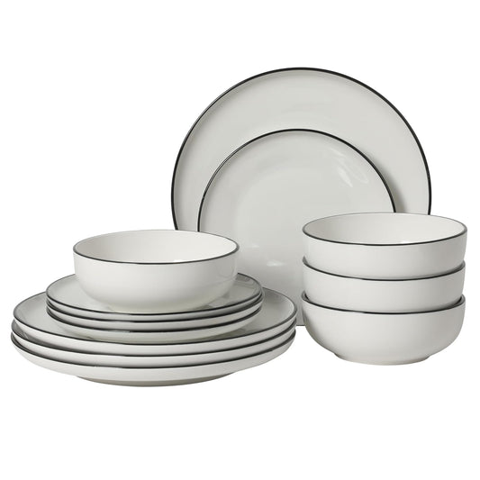 Gibson Home Havenstone - Juego de vajilla de porcelana de 12 piezas, platos de cena, platos de ensalada y cuencos, clásico blanco con borde negro, apto para el hogar, cocina, microondas y lavaplatos