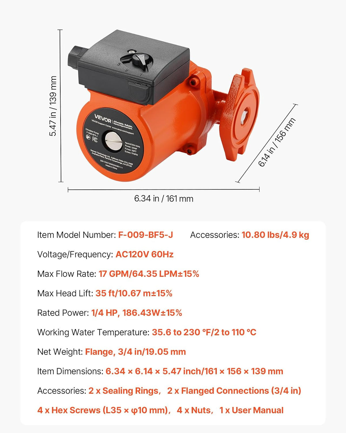 VEVOR F-009-BF5-J Bomba circuladora de hierro fundido, 17 GPM, AC 120 V 35 pies Bomba de circulación de recirculación de agua caliente, conexión de brida de 3/4 pulgadas, ajuste de 3 velocidades