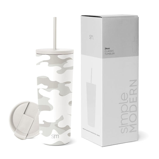 Simple Modern - Vaso aislante con tapa y popote | Taza de café helado, reutilizable, botella de agua de acero inoxidable