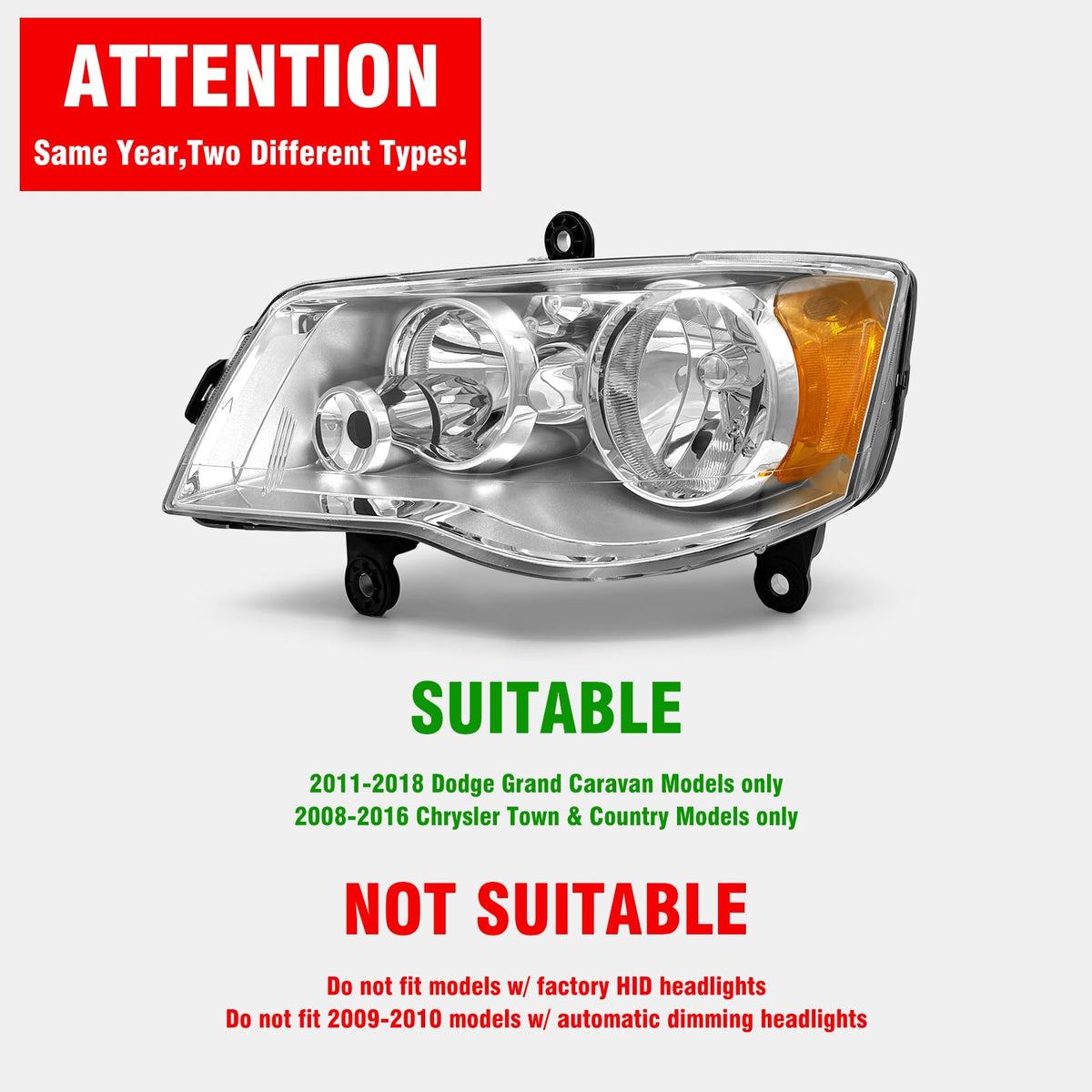 ADCARLIGHTS Compatible con Dodge Grand Caravan 08-16 Chrysler Town & Country Factory Style Faros delanteros cromados para conductor y pasajero