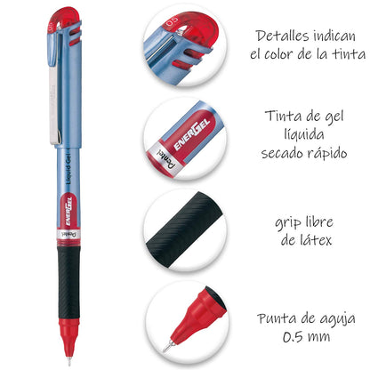 Pentel EnerGel Bolígrafo de Gel Líquido, Punta de Aguja, 0.5 mm, Cuerpo Azul Claro, Tinta Roja, Caja con 12 Piezas, BLN15-B