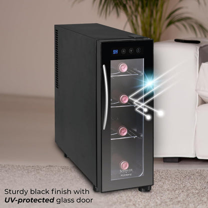Koblenz Cava Enfriadora de Vinos de 4 Botellas de 750 ml, Temperatura de Una Zona, Cava de Vinos Termoeléctrica con Pantalla Digital y Controles Táctiles de Temperatura, Negro (EVFK-04)