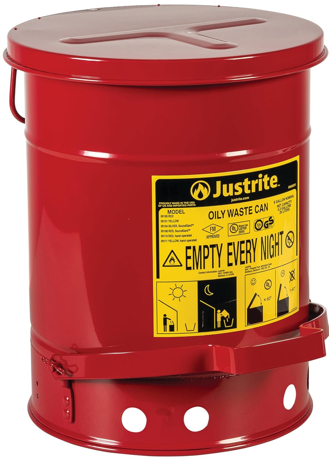 Justrite 09100; Galvanized-steel; Safety cans; For Oily waste; Red; Foot Operated cover; Raised, ventilated Bottom; Reinforced ribs; Self-closing; UL listed; FM approved; Capacity: 6 gal. (23L)