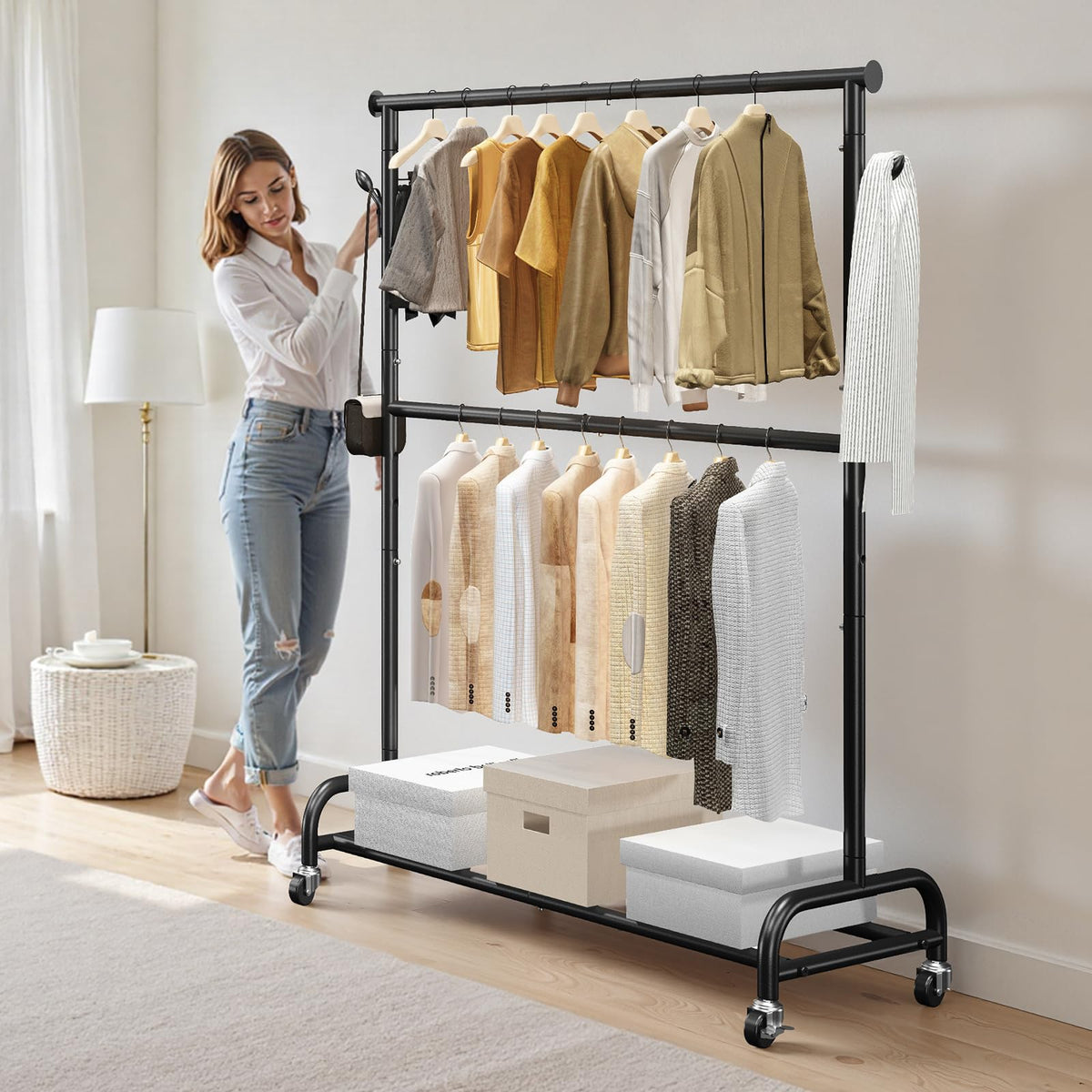 VEVOR Perchero Burro para Ropa con Barra Transversal y Ganchos Laterales, Burro de Ropa con Ruedas, Carga de 68 kg, de Acero al Carbono, para Dormitorio, Lavandería, Sala de Estar, 106,5x195,5 cm