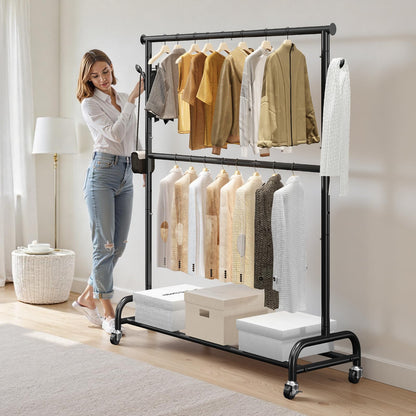 VEVOR Perchero Burro para Ropa con Barra Transversal y Ganchos Laterales, Burro de Ropa con Ruedas, Carga de 68 kg, de Acero al Carbono, para Dormitorio, Lavandería, Sala de Estar, 106,5x195,5 cm