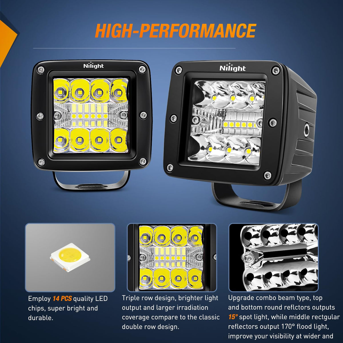 Nilight - Juego de 2 cubos LED de 3 pulgadas y 42 W mejorados, combo de inundación, luces cuadradas para conducción todoterreno, 12 V y 5 pines, kit de arnés de cableado, 2 cables, 2 años de garantía