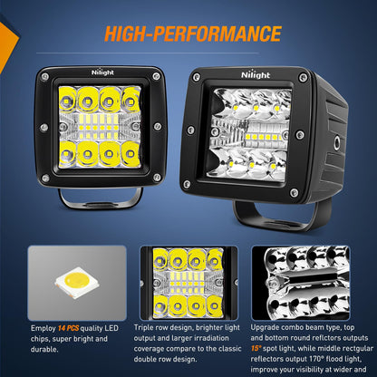 Nilight - Juego de 2 cubos LED de 3 pulgadas y 42 W mejorados, combo de inundación, luces cuadradas para conducción todoterreno, 12 V y 5 pines, kit de arnés de cableado, 2 cables, 2 años de garantía