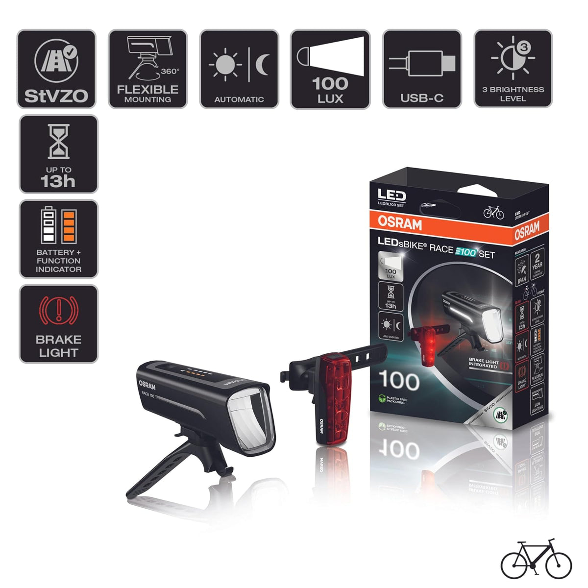 OSRAM LEDsBIKE Race 100 Set Luces LED Recargables para Bicicleta Delanteras y Traseras con Luz de Freno, 100 Lux