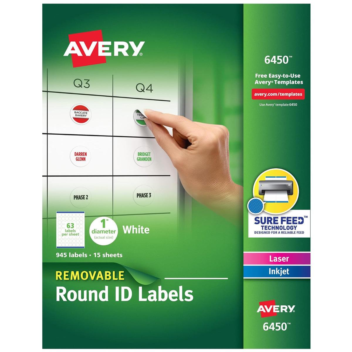 Avery Etiquetas redondas extraíbles multiusos de 1 pulgada con alimentación segura, 945 pequeñas etiquetas blancas para organización y almacenamiento (6450)