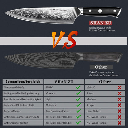 SHAN ZU 3 Piezas Juego de Cuchillo de Cocina, Set Cuchillo de Cocina Japones de Acero de 67 Capas, Cuchillo de Chef Cuchillo Santoku Cuchillo Pelador - PRO Series