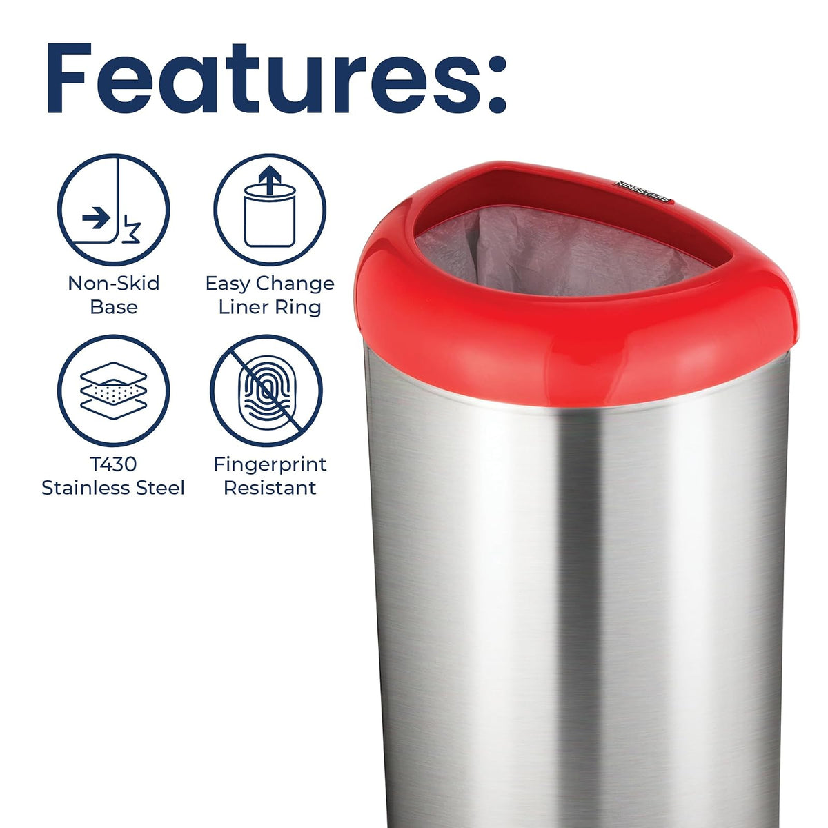 Ninestars OTT-50-19RD Stainless Steel Open Top Trash Can, 13.2 Gallons/50 Ltrs, Red