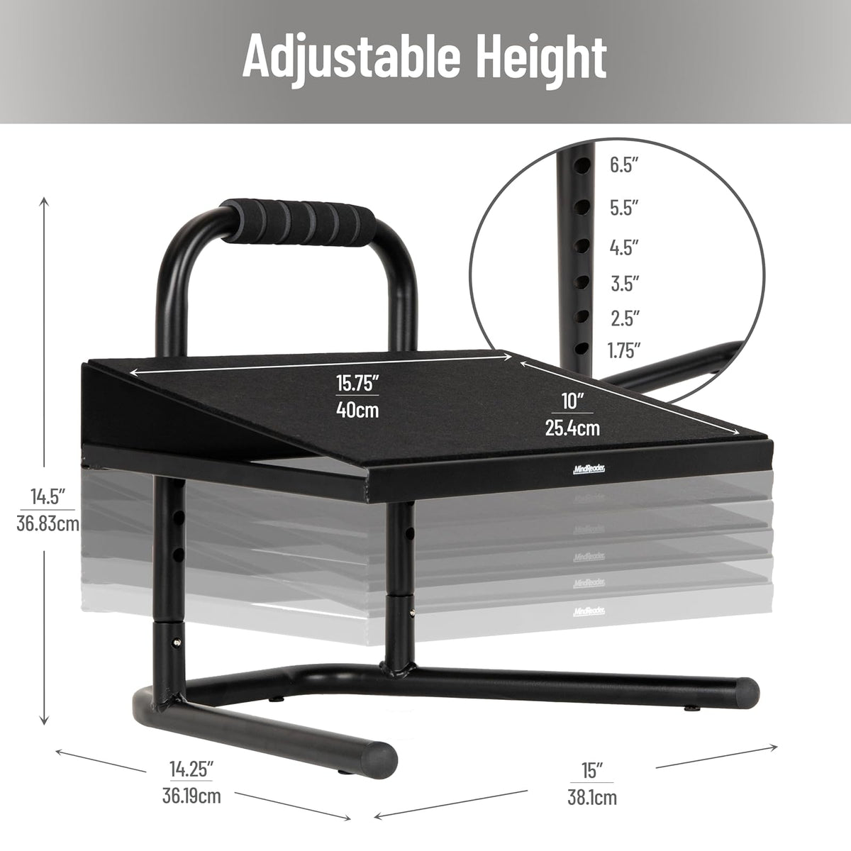 Mind Reader Foot Rest, Under Desk at Work, Ergonomic, Height Adjustable, Office, Metal, 15" L x 14.25" W x 14.5" H, Black