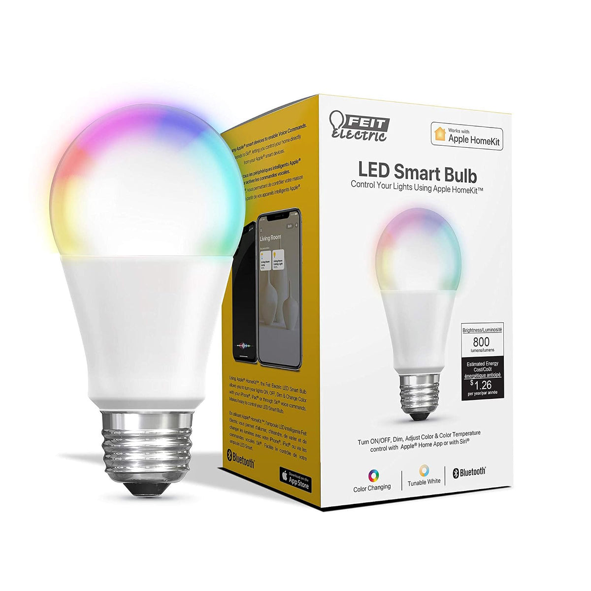 Feit Electric OM60/RGBW/HK 60 W equivalente a A19 cambiante, funciona con Apple HomeKit y control de voz Siri, no requiere concentrador, foco LED de 4.4 pulgadas de alto x 2.4 pulgadas de profundidad, multicolor RGBW