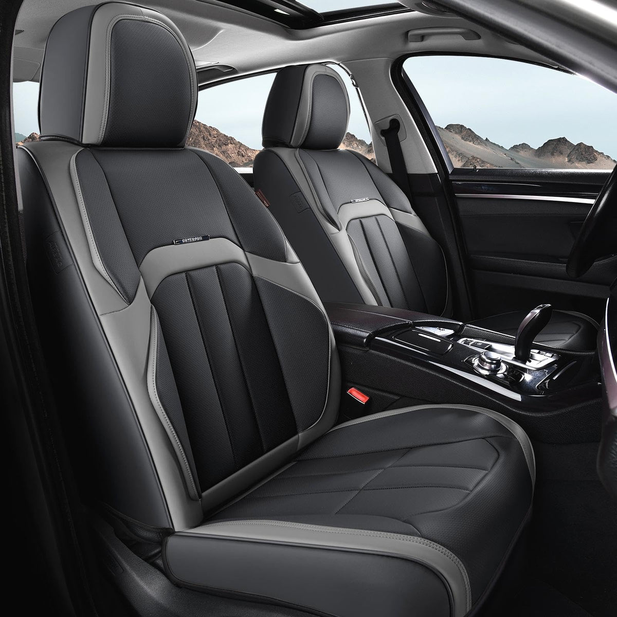 Coverado - Funda para Asiento de Automóvil, Funda para Asiento Delantero de Automóvil, Piel Premium, Ajuste Universal, Impermeable, cojín Antideslizante para la mayoría de los Automóviles, Color Rojo - Negro Gris - Par frontal
