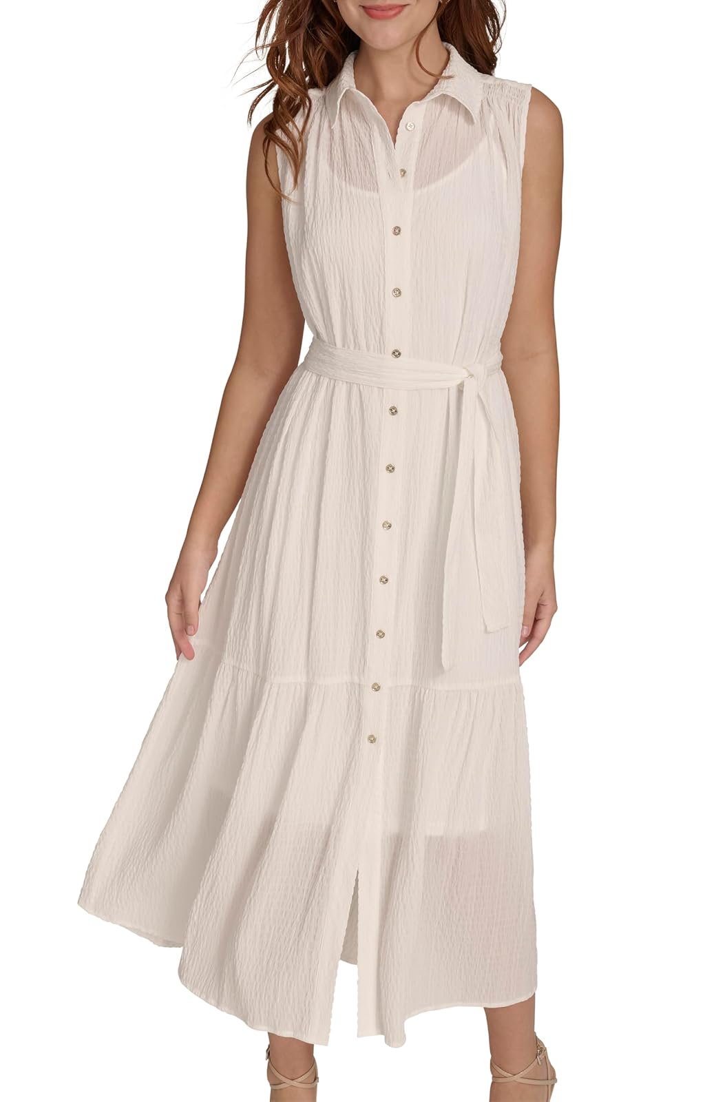 Tommy Hilfiger Vestido Camisero Midi sin Mangas para Mujer - 16 - Marfil