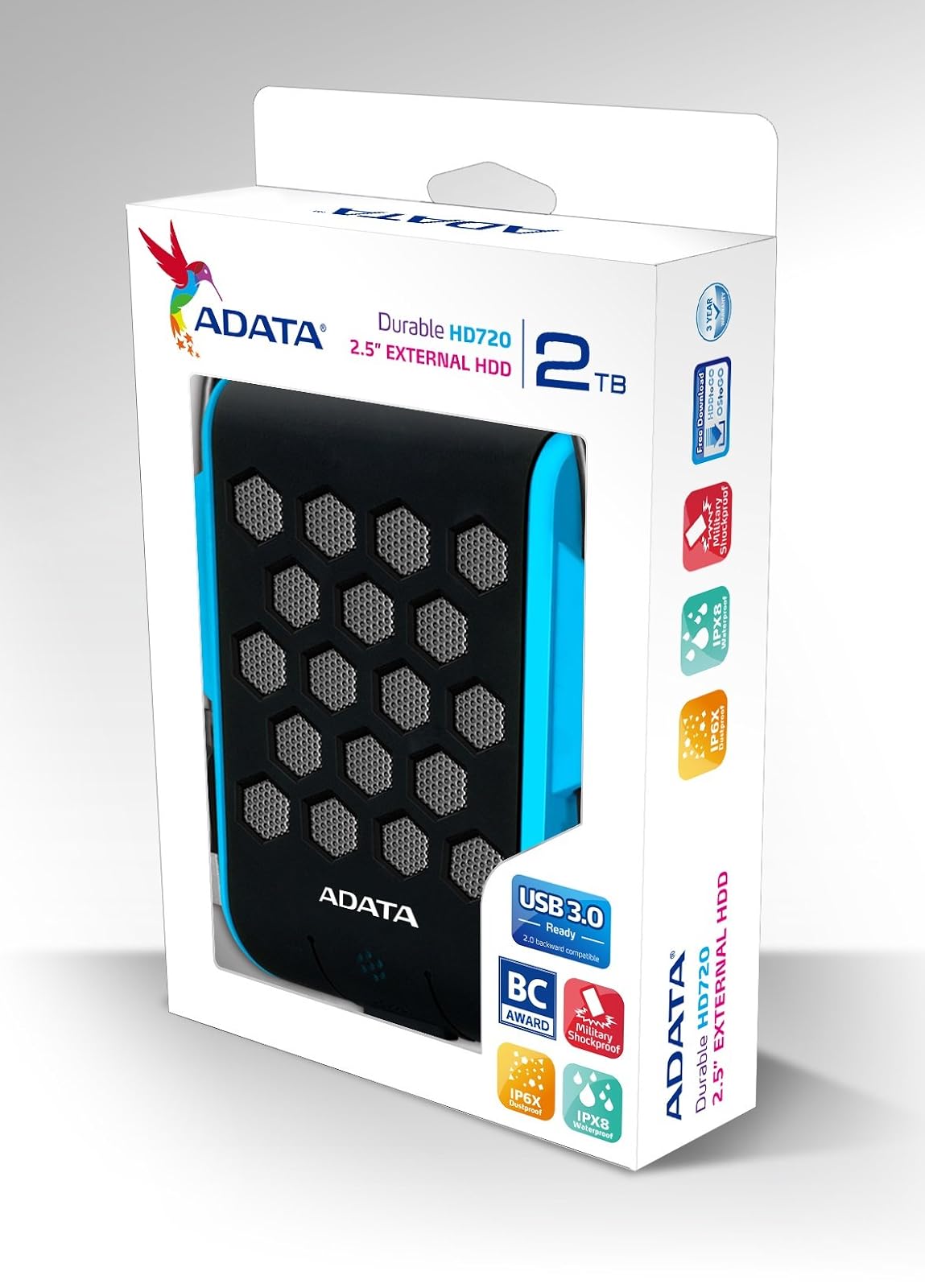 ADATA Disco Duro Externo HDD HD720, 2 TB, Resistente a golpes,agua y polvo, certificación grado militar, Color Azul