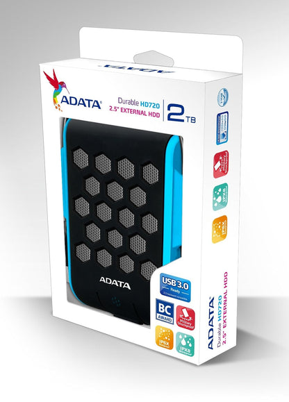 ADATA Disco Duro Externo HDD HD720, 2 TB, Resistente a golpes,agua y polvo, certificación grado militar, Color Azul