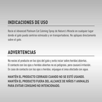 Nature's Miracle - Advanced Platinum - Spray Calmante para Gatos - 236 ml - para relajación y Reduce hioeractividad en Situacionesde estres - Funciona en 10 Minutos
