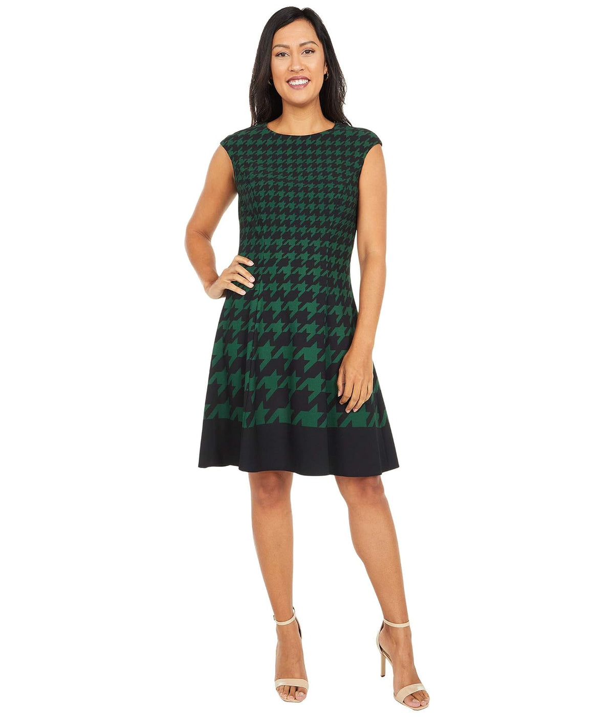 London Times Vestido Acampanado con Estampado de Pata de Gallo y Manga Larga Vestido Informal para Mujer