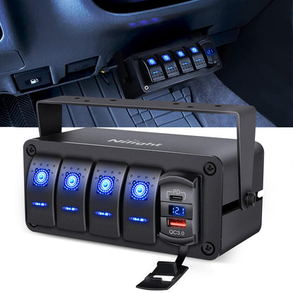 Nilight - Caja de interruptores basculantes de 4 bandas de 12 V SPST ON Off Switches PD tipo C y QC 3.0 USB Cargador Voltímetro Luz LED Impermeable de Aluminio Soporte Panel Pegatinas DIY para Bote, - Blue+Box