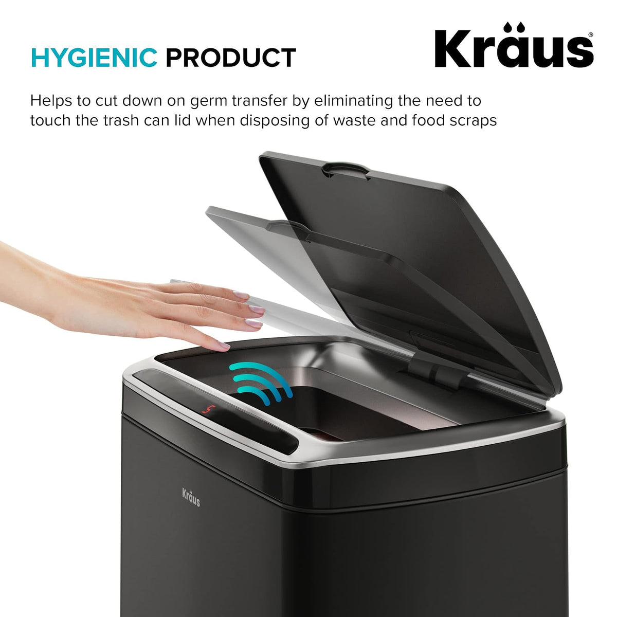 Kraus GarbagePro - Bote de basura rectangular de 13 galones con sensor de movimiento manos libres funciona con pilas en acabado negro mate con tapa SoftShut Touchless, KTCS-10MB
