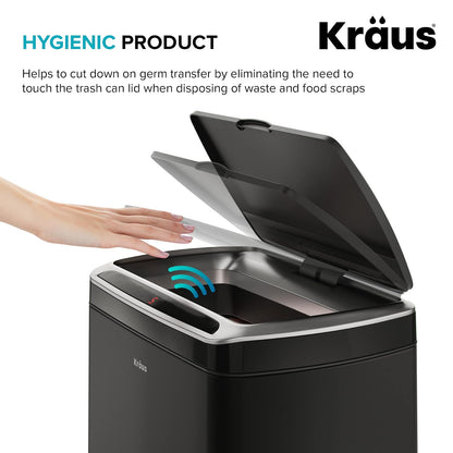 Kraus GarbagePro - Bote de basura rectangular de 13 galones con sensor de movimiento manos libres funciona con pilas en acabado negro mate con tapa SoftShut Touchless, KTCS-10MB