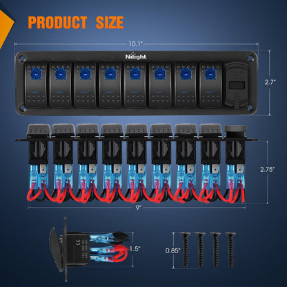 Nilight - Panel de interruptor de 8 bandas con PD tipo C y cargador USB, voltímetro de 12 V, SPST, interruptor de encendido y apagado con retroiluminación azul, panel de interruptor