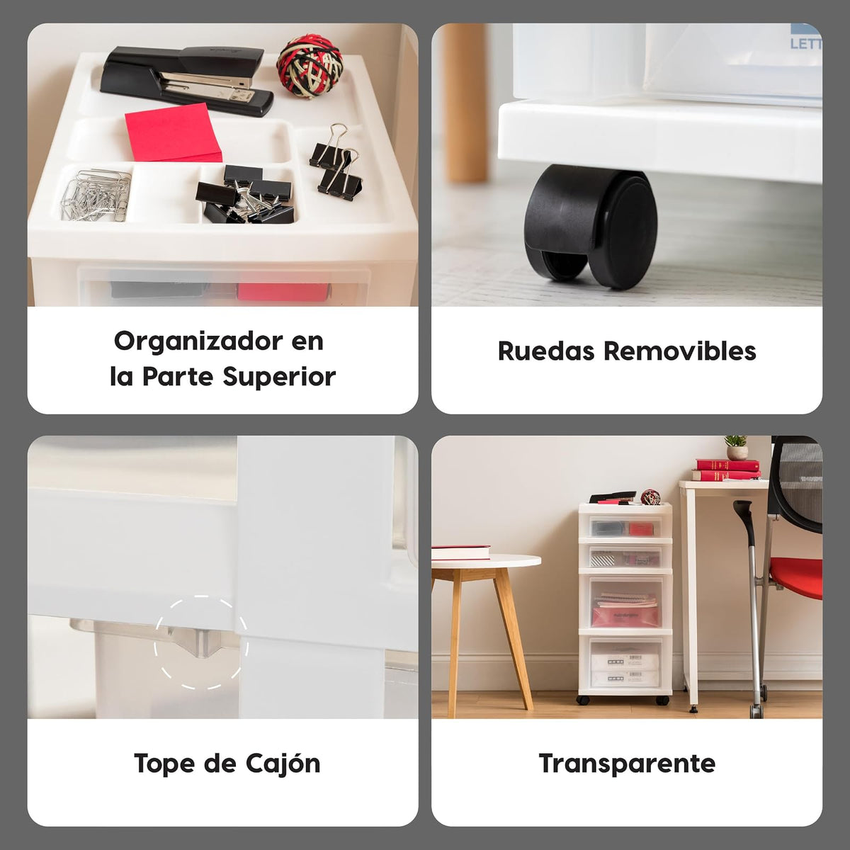 IRIS USA Carrito Organizador con Ruedas de 4 Cajones, Blanco/Transparente | Organiza manualidades, artículos de oficina, salón y accesorios con cajones de fácil acceso para uso diario