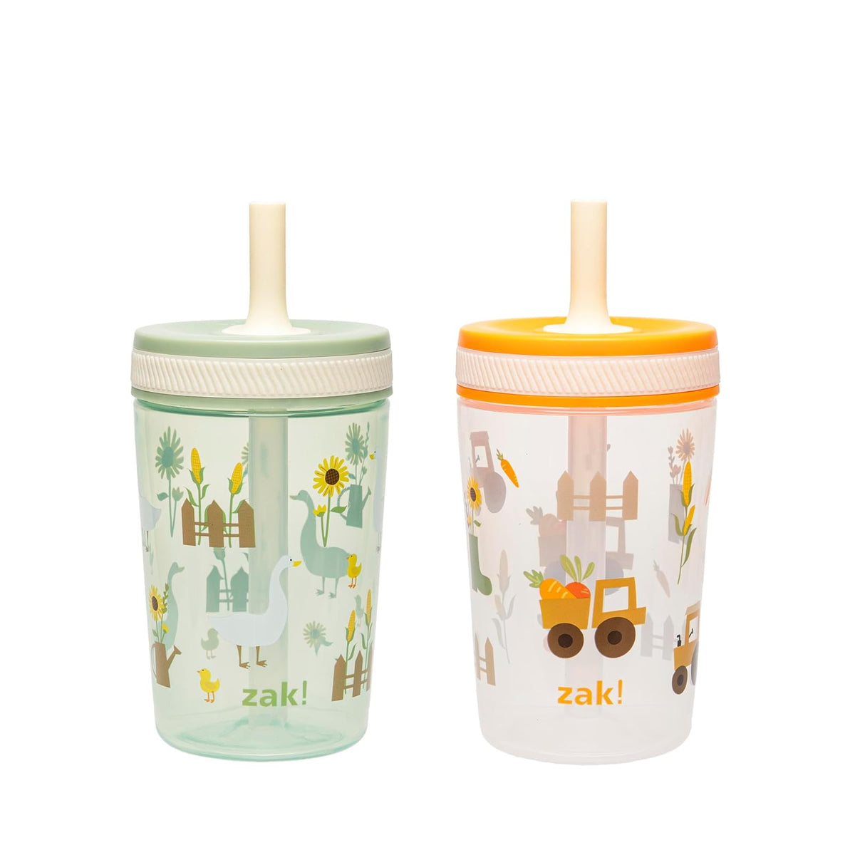 Zak Designs Kelso - Vasos para niños pequeños para viajes o en casa, paquete de 2 tazas de plástico duraderas con diseño a prueba de fugas, perfectas para niños (ganso tonto, cosecha)