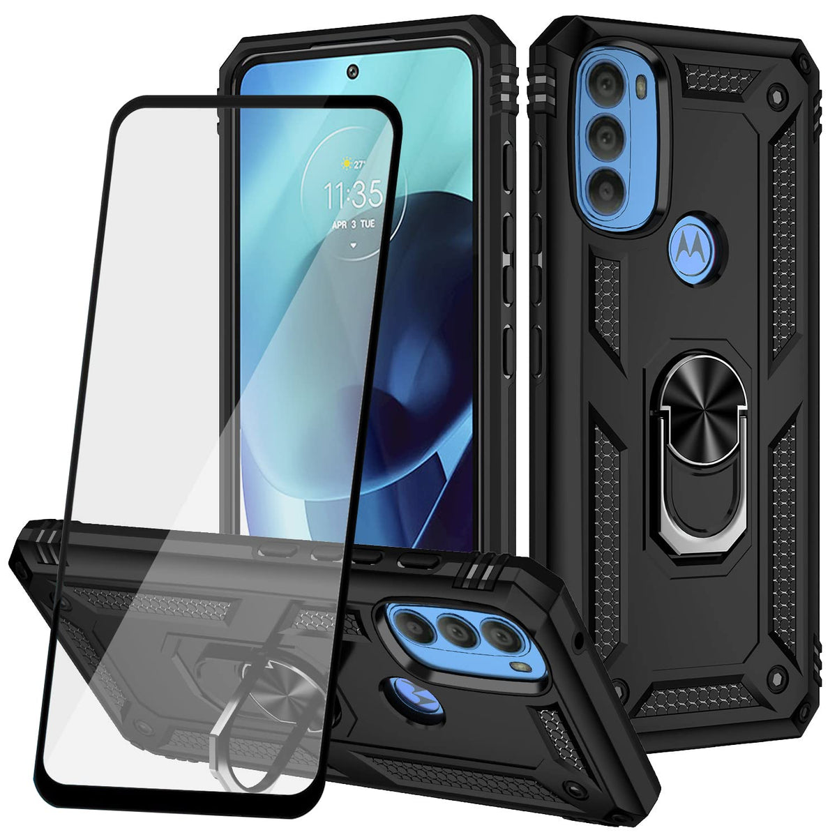 BestAlice.MX BestMX Funda para Motorola Moto G71 5G Case + Protector de Pantalla de Cristal Templado, Rude Uso Híbrida Rugged Protección Bumper Carcasa con Pie De Apoyo, Negro