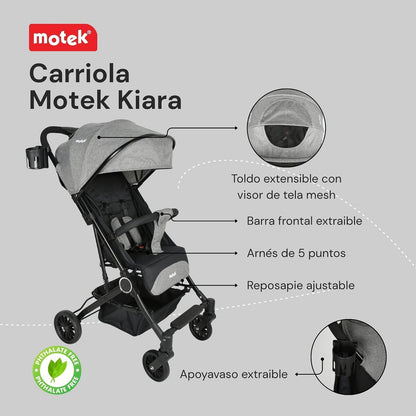 Motek Carriola Ligera de Viaje Kiara, Plegado a una Mano, Reclinado de 175°, Diseño Compacto Tipo Maleta con Manija de Transporte, Gris