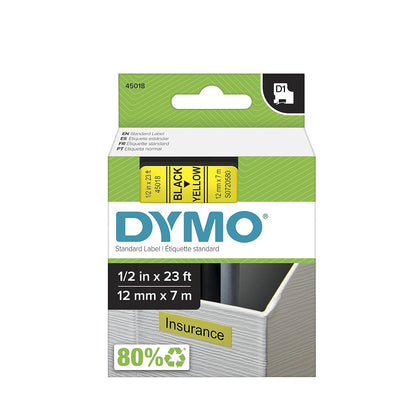 DYMO Cinta D1 para Rotuladora, 12 mm x 7 m, Negro Sobre Blanco - Amarillo 1.5m