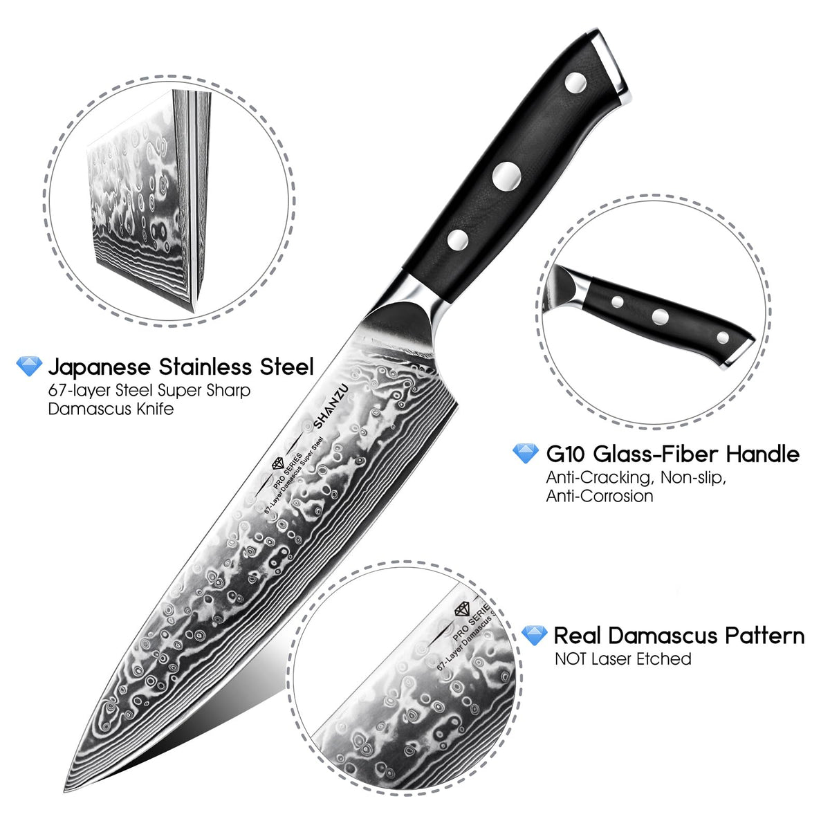 SHAN ZU 3 Piezas Juego de Cuchillo de Cocina, Set Cuchillo de Cocina Japones de Acero de 67 Capas, Cuchillo de Chef Cuchillo Santoku Cuchillo Pelador - PRO Series