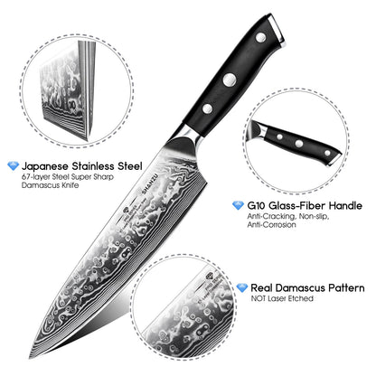 SHAN ZU 3 Piezas Juego de Cuchillo de Cocina, Set Cuchillo de Cocina Japones de Acero de 67 Capas, Cuchillo de Chef Cuchillo Santoku Cuchillo Pelador - PRO Series