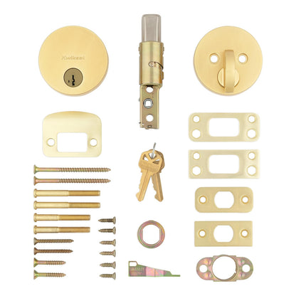 Kwikset Uptown - Cerradura de cerrojo de latón satinado, puerta de entrada frontal con llave, resistente a la selección, seguridad SmartKey Rekey, tornillo muerto de un solo cilindro, con protección