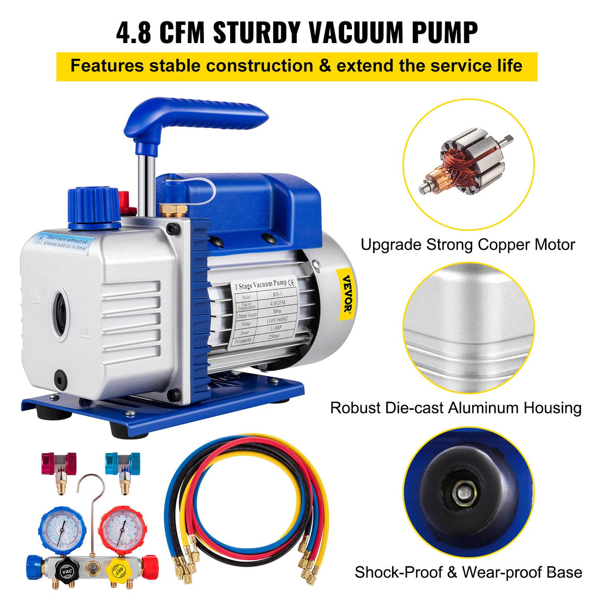 VEVOR Bomba de vacío 4.8CFM 1/3 HP Kit de refrigeración HVAC A/C de una sola etapa 5PA Ultimate Juego de manómetros de vacío R410A R134A R22 HVAC AC, manómetro de colector de 4 vías y manguera