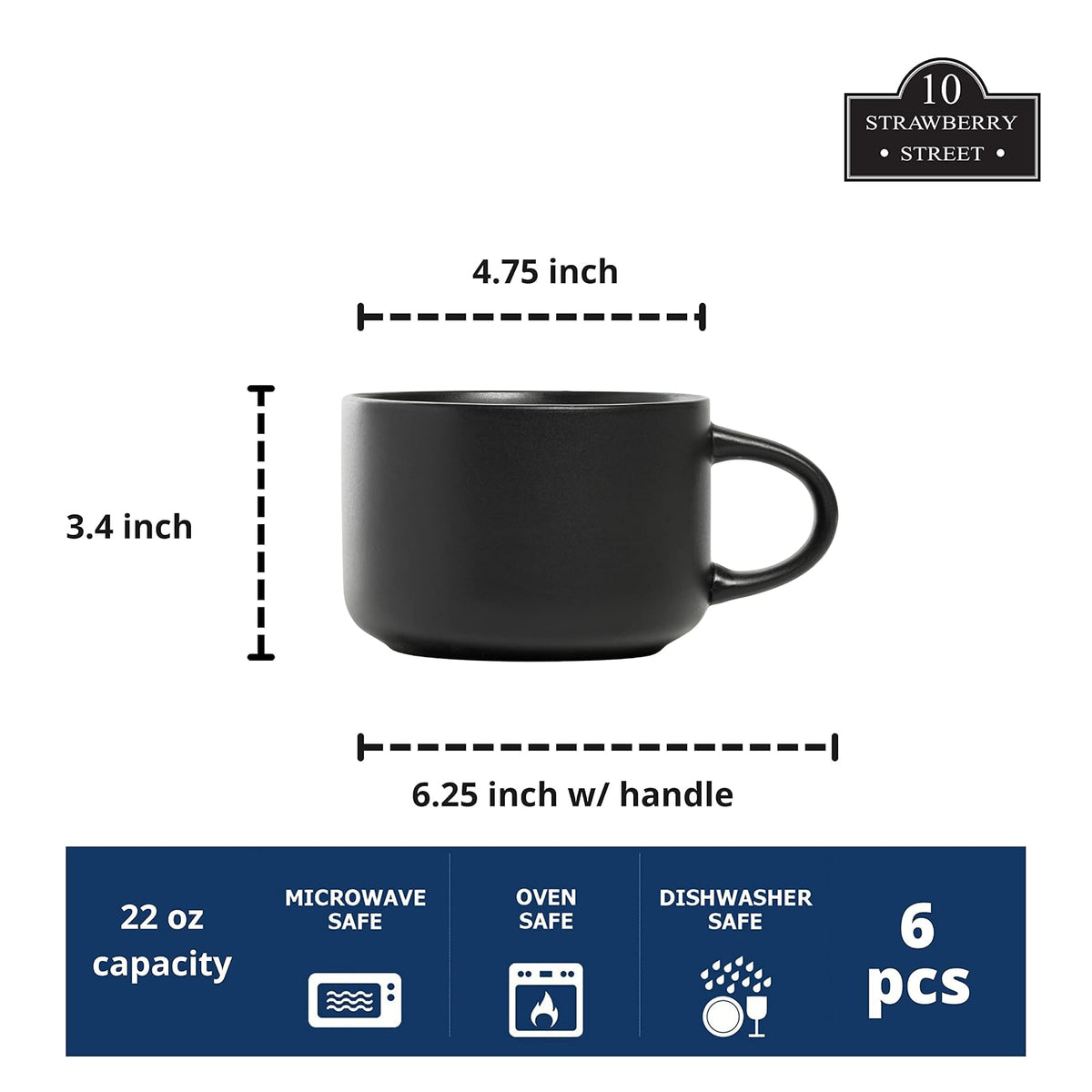 10 Strawberry Street Wazee Tazas de Gran Tamaño Mate, Color Negro - 1 x 6 unidades