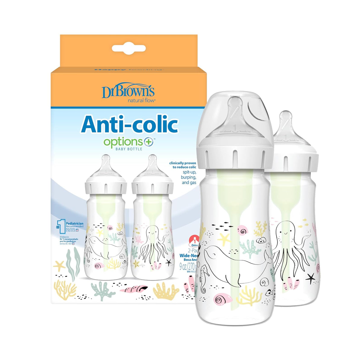 Dr. Brown's Natural Flow Anti-Colic Options+ Biberón Cuello Ancho, 5 oz, Paquete de 2 - multicolor (MU00955)