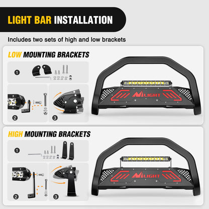 Nilight Bull Bar con luz para Nissan Frontier 2005-2021 (Gancho de Remolque | Protector de cepillo para polvo de rejilla de parachoques delantero con luz LED auxiliar, agujero de licencia de placa
