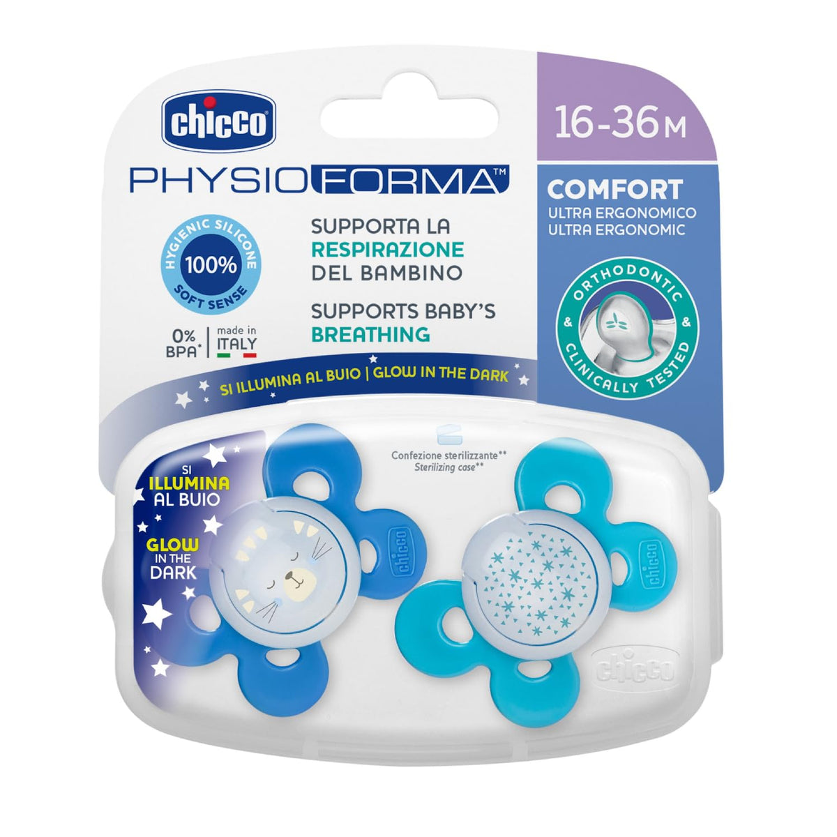 Chicco PhysioForma Comfort Chupón 16-36 Meses, 2 Piezas - Azul