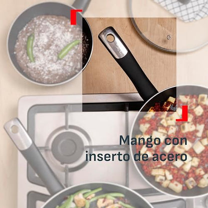 T-fal Juego de 3 Sartenes de 20, 24 y 30 cm Hard Titanium Plus con antiadherente titanium 2X, altamente resistente con Termo Señal y difussion base, mango ergonómico y muy compatible, negro, C3829082