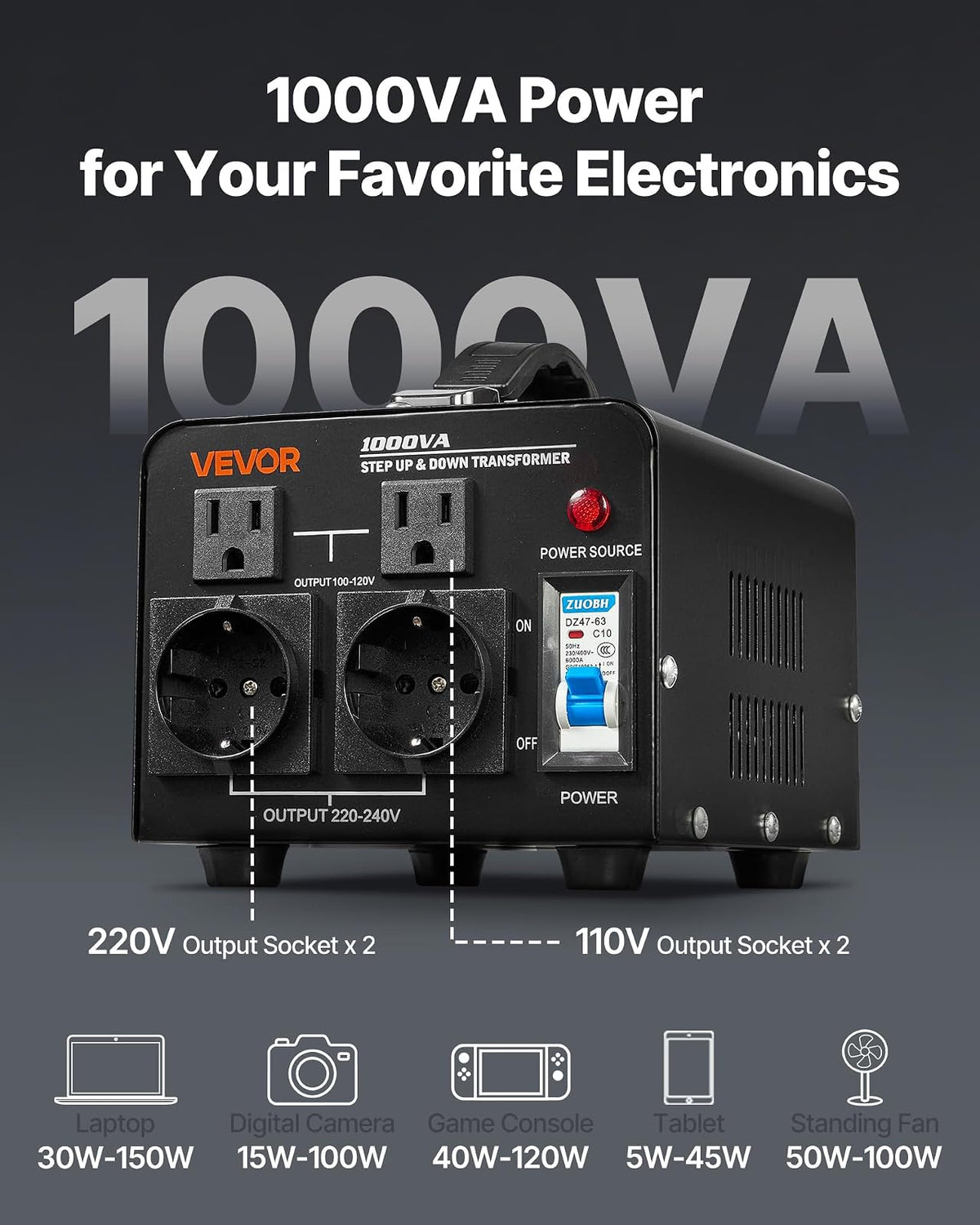 VEVOR Convertidor de Voltaje, 1000 VA, Transformador Elevador/Reductor, Convierte de 110 V a 220 V y de 220 V a 110 V, con Tomas de Corriente de EE. UU. y UE, Cable de Alimentación y Disyuntor
