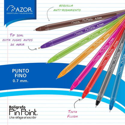 Azor Bolígrafo Punto Fino .7mm, 36 Piezas PinPoint 10 Colores Diferentes 301.6810B