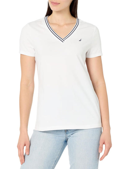 Nautica Playera Manga Corta Cuello en V para Mujer - Blanco brillante - XS