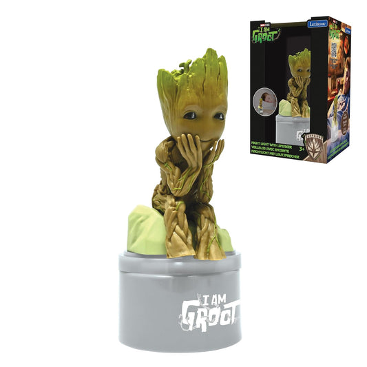 Lexibook, Marvel Guardianes de la Galaxia, Groot Luz de Noche con Altavoz para Dormitorio Infantil, luz Suave, Funciona con Pilas, Gris/marrón, NS01GG