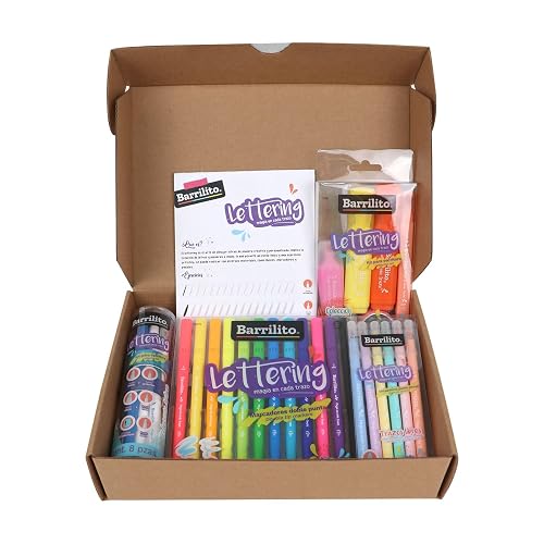 Barrilito Kit de Lettering con 5 Puntas Diferentes, Cuadernillo de Práctica y Cintas Washi