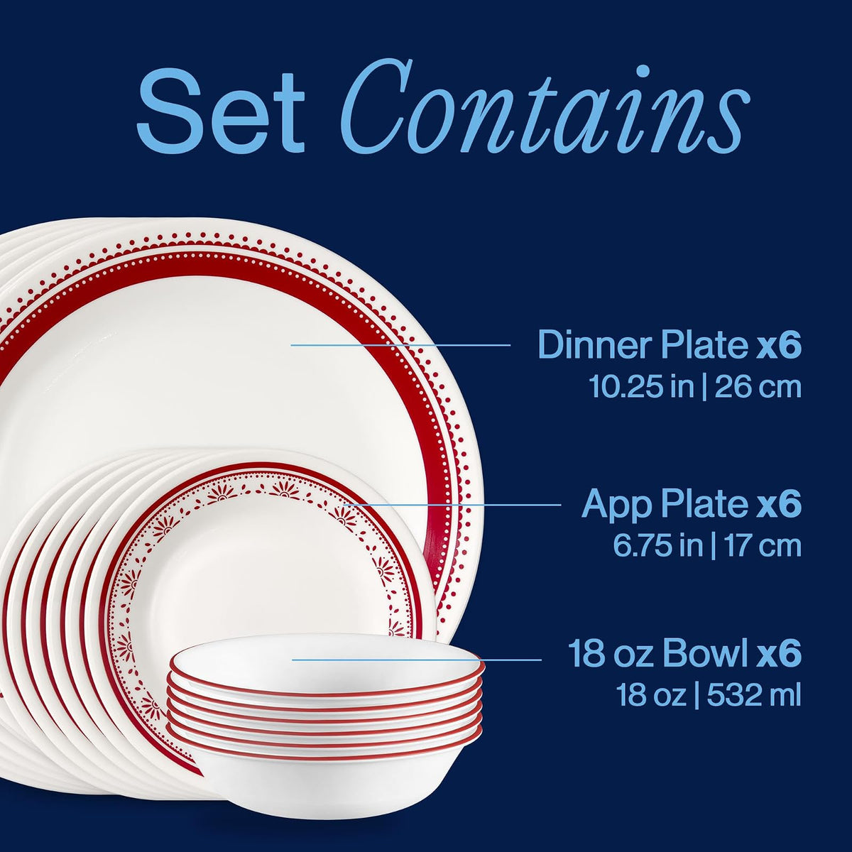 Corelle Everyday - Juego de vajilla de 18 piezas, servicio para 6, duradero y ecológico, juego de platos y cuencos de vidrio de borde superior, apto para microondas y lavaplatos, Sadie