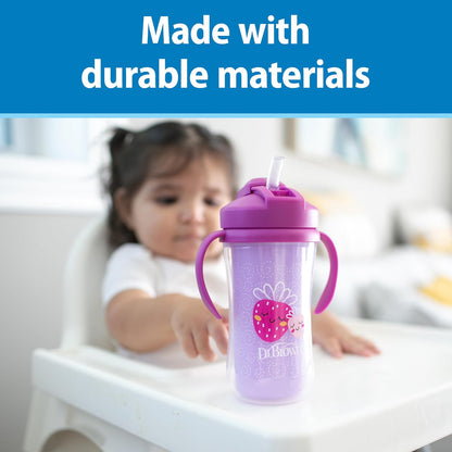 Dr. Brown's Milestones - Taza aislada para sorbos con popote y asas, vaso a prueba de derrames con tapa, paquete de 2, verde y morado, 10 onzas, 300 ml, última intervensión de BPA, 12 m +