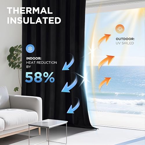 Joydeco - Cortinas Opacas 100% Negras, 2 Paneles, Cortinas de Terciopelo Negro con Aislamiento térmico de Lujo, para recámara, Sala de Estar, Cortinas Opacas insonorizadas, Bolsillo para Barra y